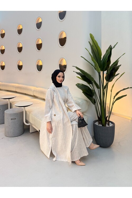 V428 Siyah Çizgili Kapüşonlu Uzun Keten Takım