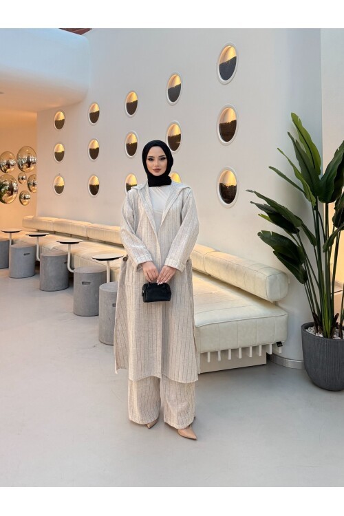 V428 Siyah Çizgili Kapüşonlu Uzun Keten Takım