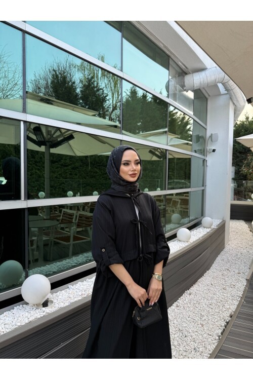 V430 Siyah Önden Bağlamalı Keten Takım