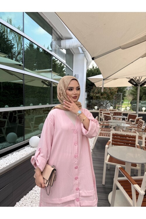 V436 Pembe Keten Gömlek Takım
