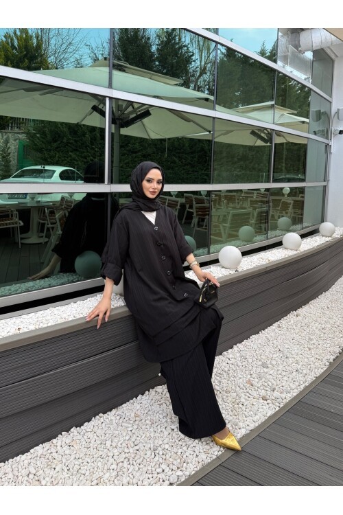 V436 Siyah Keten Gömlek Takım