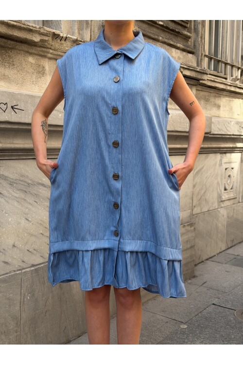 V443 Mavi Düğmeli Tensel Elbise
