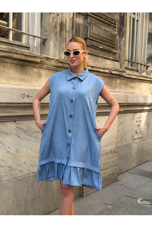 V443 Mavi Düğmeli Tensel Elbise