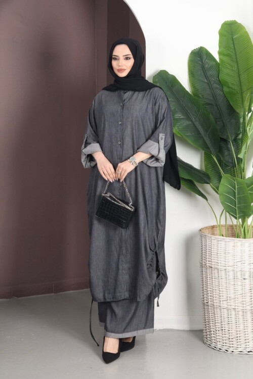 V446 Siyah Tensel Gömlek Takım