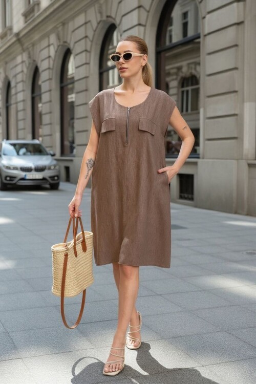 V448 Kahvrerengi Ay Kol Tensel Elbise
