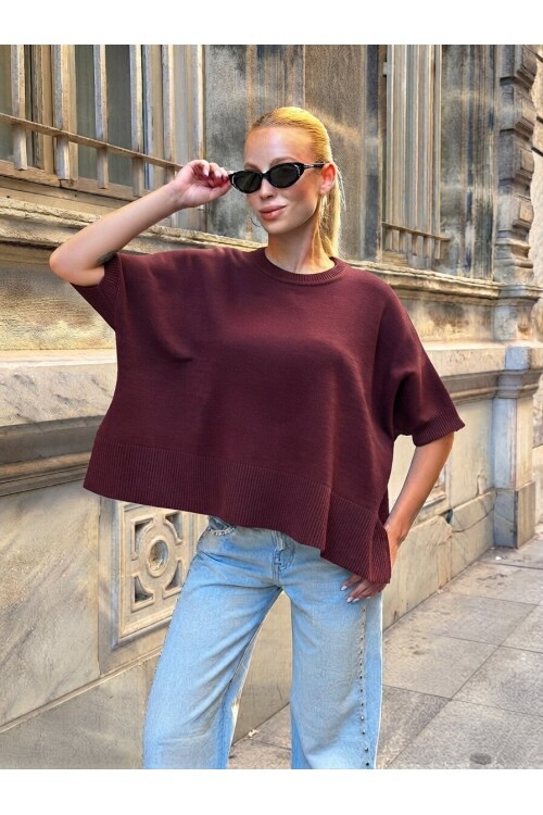 T3311 Bordo Yırtmaçlı Triko