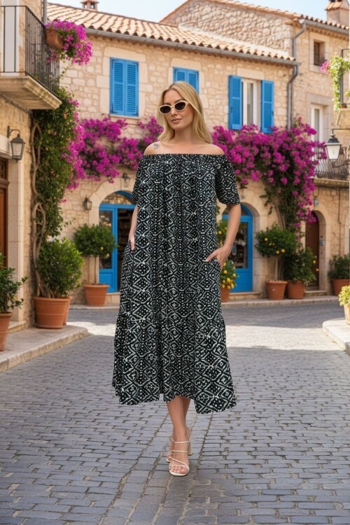 V136 Madonna Yaka Kısa Kol Ekonomik Elbise