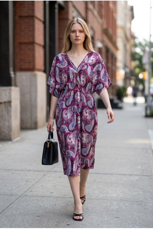 V161 Ön Arka V Yaka Yalancı Düğmeli Kısa Kol Elbise
