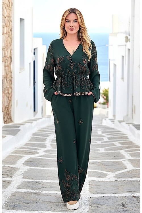 V254 Zümrüt Yeşili Desenli Gömlek Takım