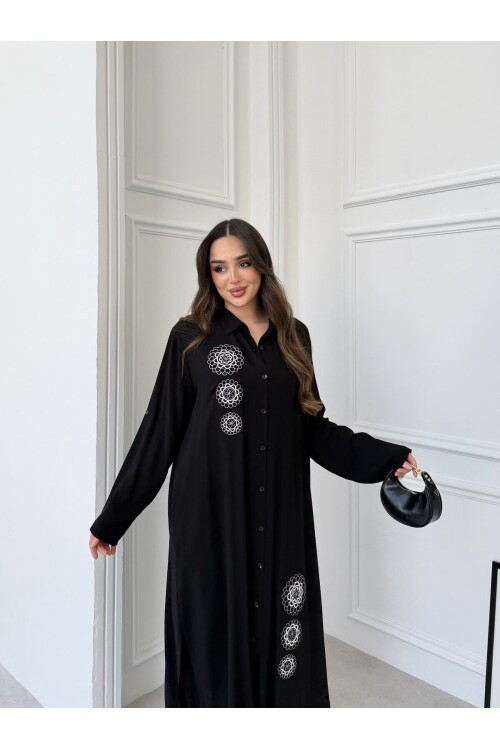 V273 Siyah Gümüş Yuvarlak Nakışlı Viskon Takım