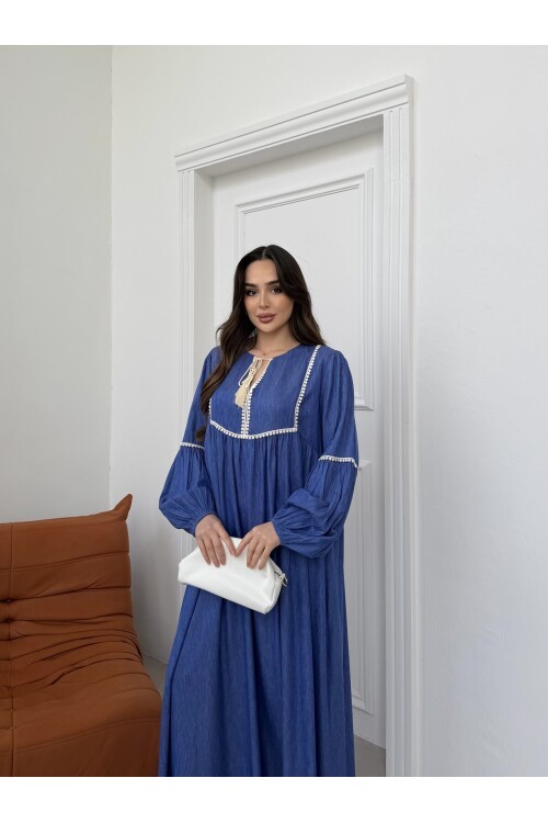 V293 Lacivert Şerit Ponponlu Tensel Elbise