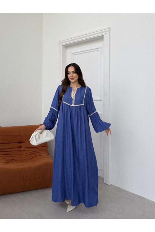 V293 Lacivert Şerit Ponponlu Tensel Elbise