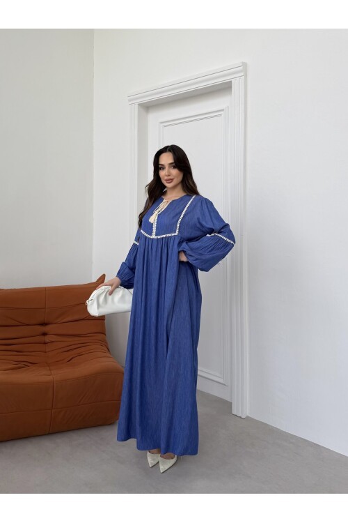 V293 Lacivert Şerit Ponponlu Tensel Elbise