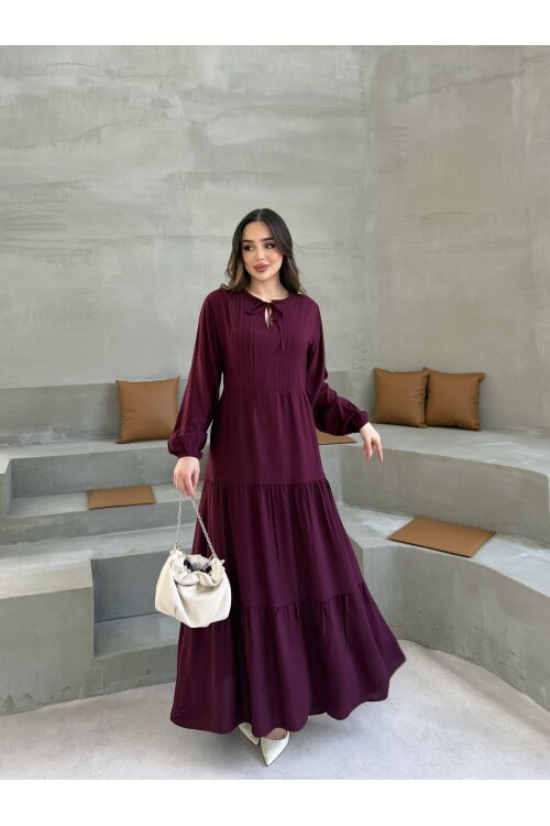 V297 Bordo Nervürlü Tesettür Elbise
