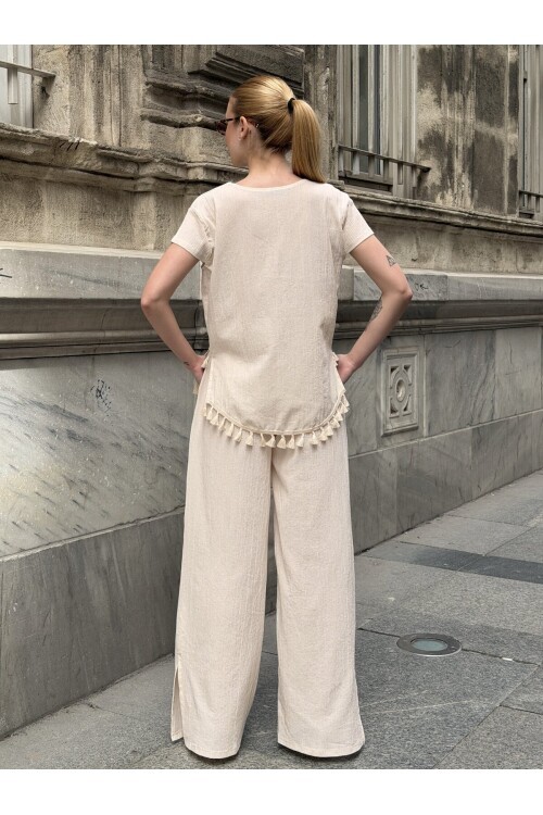 V418 Yarım Kol Altı Püsküllü Keten Takım