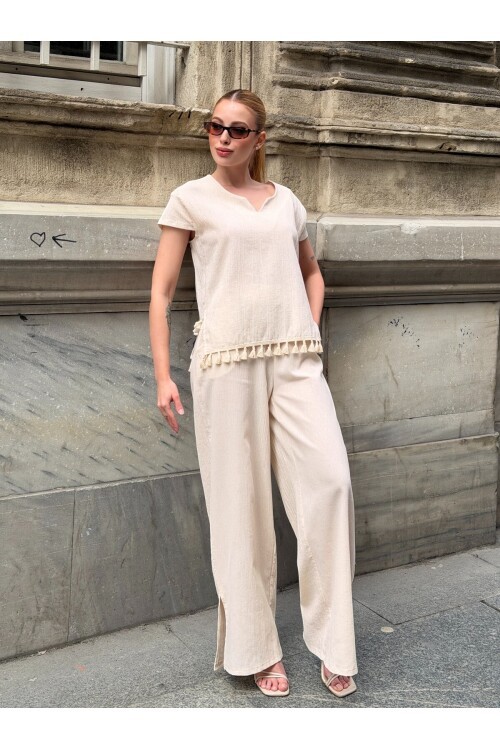 V418 Yarım Kol Altı Püsküllü Keten Takım