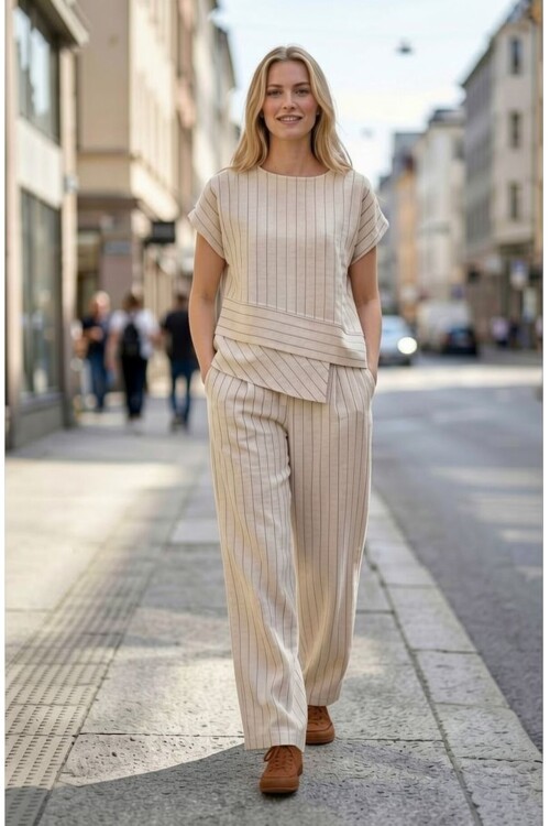 V426 Kahve Çizgili Keten Takım