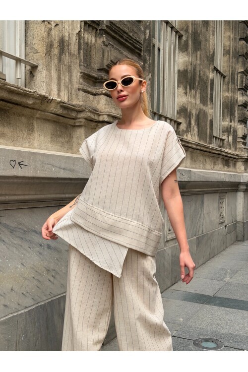 V426 Siyah Çizgili Keten Takım