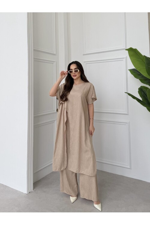 V442 Krem Önden Ve Arkadan Yırtmaçlı Tensel Takım