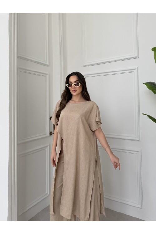 V442 Krem Önden Ve Arkadan Yırtmaçlı Tensel Takım