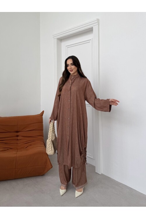 V446 Kahverengi Tensel Gömlek Takım