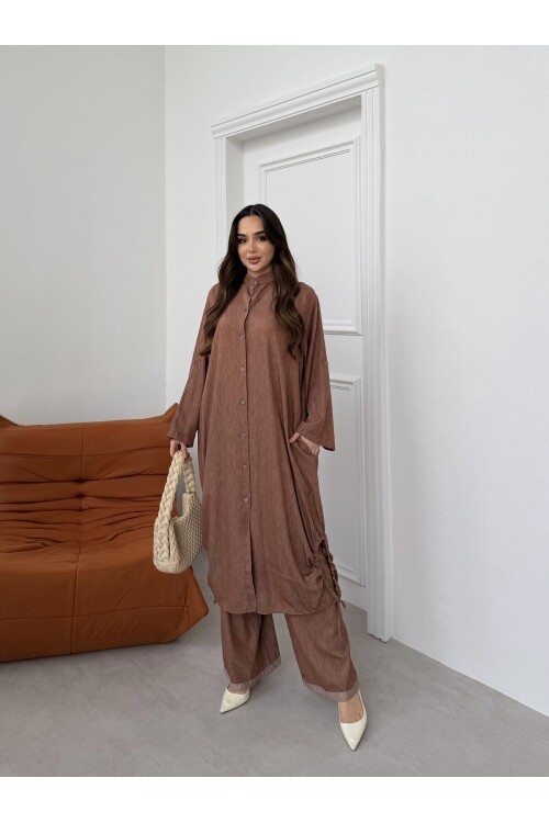 V446 Kahverengi Tensel Gömlek Takım