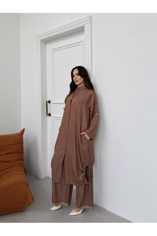 V446 Kahverengi Tensel Gömlek Takım