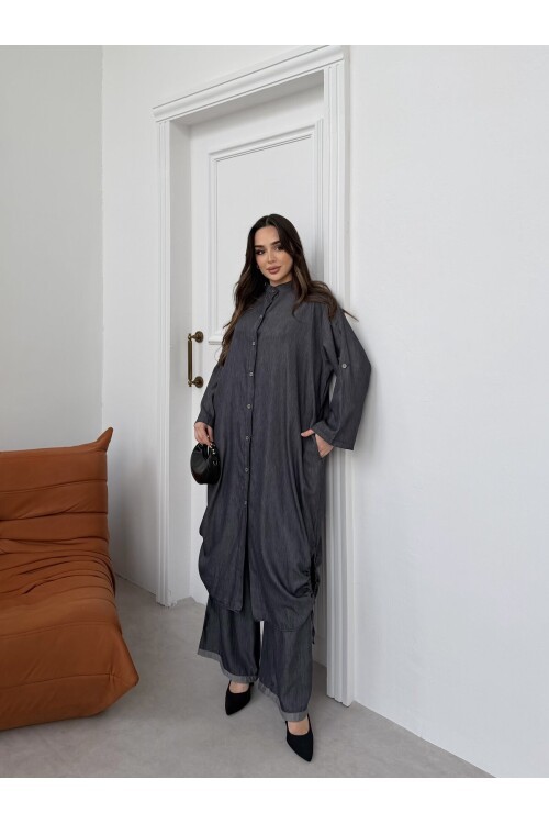 V446 Siyah Tensel Gömlek Takım