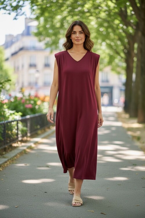 V501 Bordo Sıfır Kol Omuzdan Büzgülü Oysho Elbise