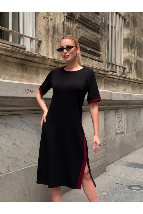 V508 Siyah Kırmızı Şeritli Yırtmaç Detaylı Oysho Elbise