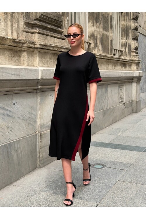 V508 Siyah Kırmızı Şeritli Yırtmaç Detaylı Oysho Elbise
