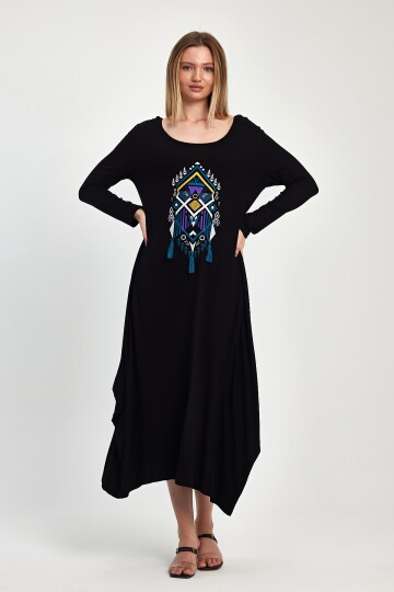 1006 Siyah Uzun Kol Etnik Desen Baskılı Püskül Detaylı Penye Viskon Elbise