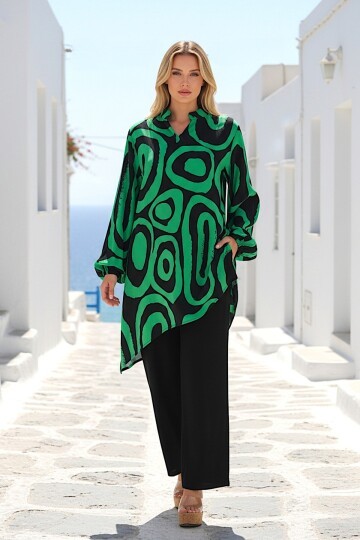 1017 Siyah Yeşil Desenli Hakim Yaka Viskon Takım
