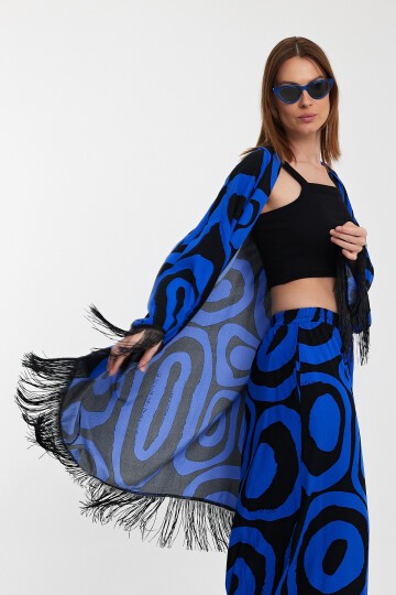 1019 Siyah Saks Mavi Desenli Püskül Detaylı Viskon Takım