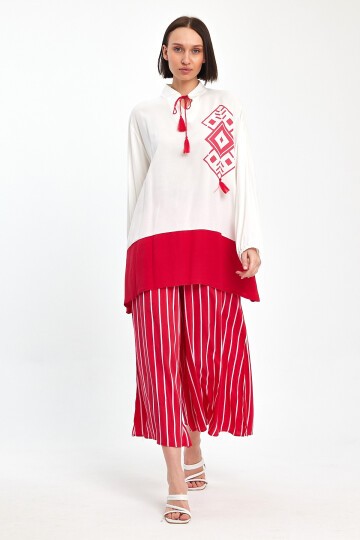 1021 Beyaz Pembe Etnik Desenli Hakim Yaka Viskon Takım