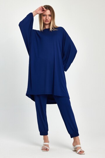 1029 Lacivert Yarasa Kol Geniş Kalıp Penye Viskon İkili Takım