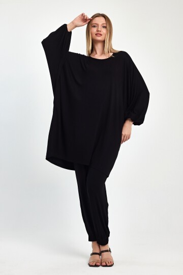 1029 Siyah Yarasa Kol Geniş Kalıp Penye Viskon İkili Takım