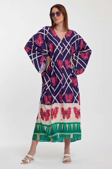 1032 Kadın Desenli Düğmeli Büyük Beden Otanik Gömlek Elbise