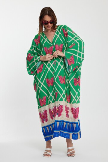 1032 Kadın Desenli Düğmeli Büyük Beden Otanik Gömlek Elbise