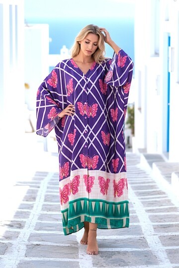 1032 Mor Kelebek Desenli Gömlek Elbise