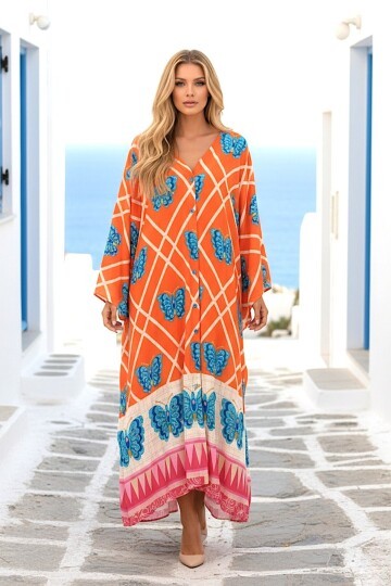 1032 Turuncu Kelebek Desenli Gömlek Elbise