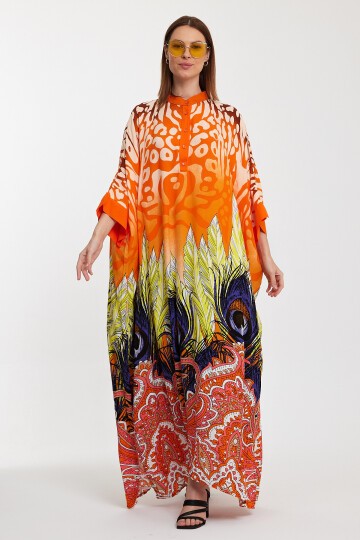 1037 Kadın Hakim Yaka Desenli Salaş Büyük Beden Elbise