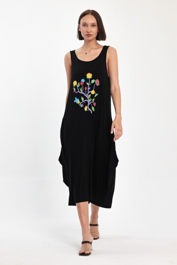 1050 Siyah Çiçek Baskılı Cepli Elbise