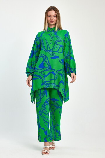1055 Yeşil Yarım Kapamalı Tunik Pantolon Viskon Takım