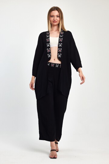 1056 Siyah Pembe Kelebek Desenli Sırt Detaylı Viskon Takım