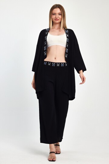 1056 Siyah Mavi Kelebek Desenli Sırt Detaylı Viskon Takım