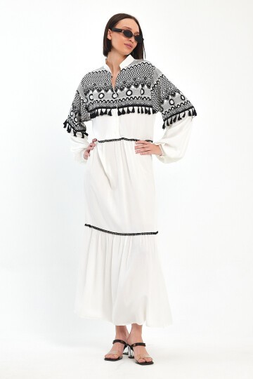 1065 Beyaz Kadın Bisiklet Yaka Bağcıklı Nakış Detaylı Balon Kol Uzun Elbise