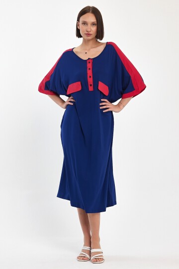 1066 Lacivert Pembe Kapamalı Yaka Cep Detaylı Viskon Elbise