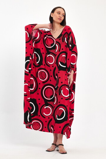 1067 Kadın Fuşya V Yaka Desenli Standart Beden Elbise