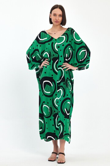 1067 Kadın Yeşil V Yaka Desenli Standart Beden Elbise